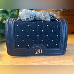 Badgley Mischka Denim Studded Crossbody Bag Navy Quilted Chain Strap NWT